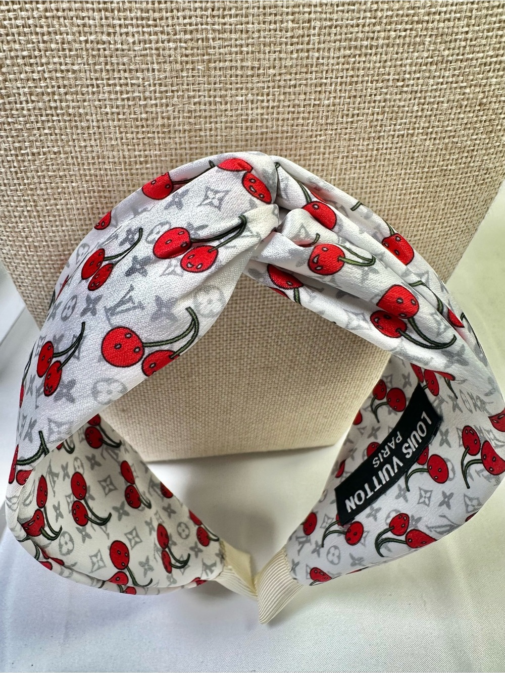 Fashion Luxury Cherry Print Knotted Monogram Headband in White and Red